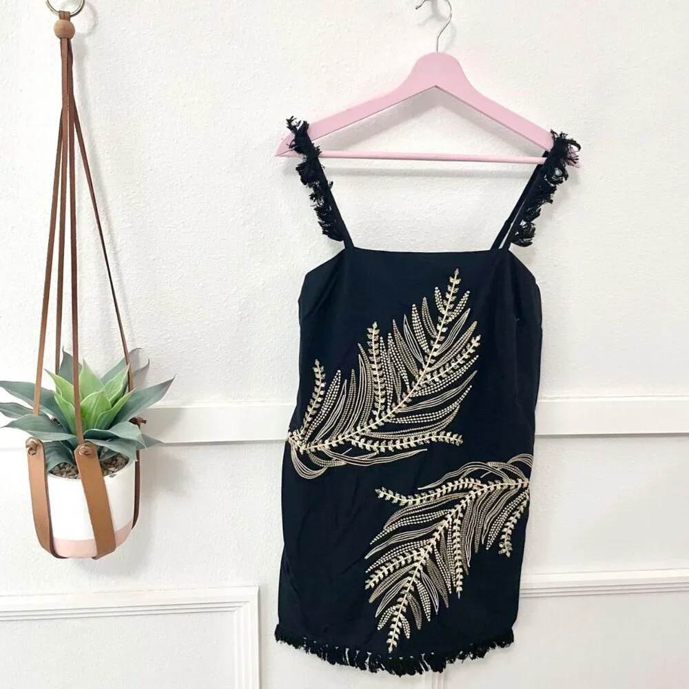 Anthropologie The Sariah Fringe Mini Dress Black Gold Embellished Sequin Tank XS